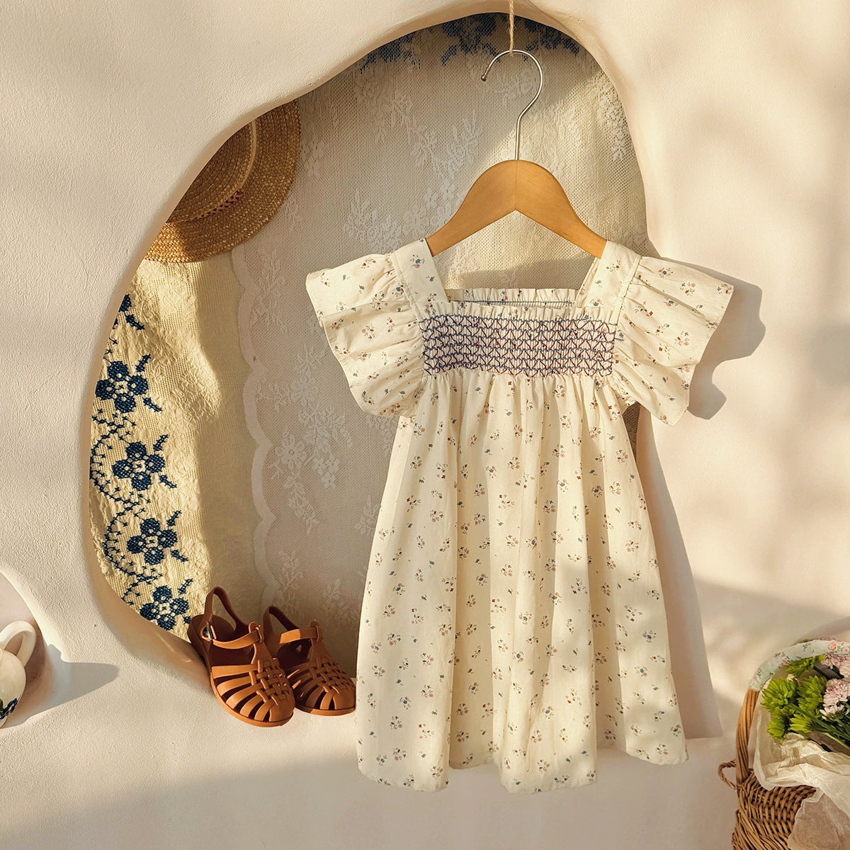 Summer Baby Kids Girls Fly Sleeves Square Neck Flowers Pattern Printed Dress 140 (8-10Y) / Beige Summer Baby Kids Girls Fly Sleeves Square Neck Flowers Pattern Printed Dress 140 (8-10Y) / Beige