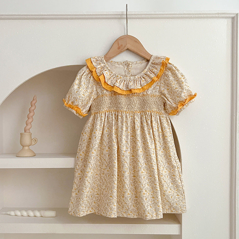 Summer Girls Floral Pattern Ruffle Collar Short Sleeves Onesies And Girls’ Dress – Princess Sister Matching Set, MyKids-USA®, Baby & Toddler Outfits, MyKids-USA - Size/Age - 66 (3-6M) - Color - Light Yellow - - - TR2404232112-B