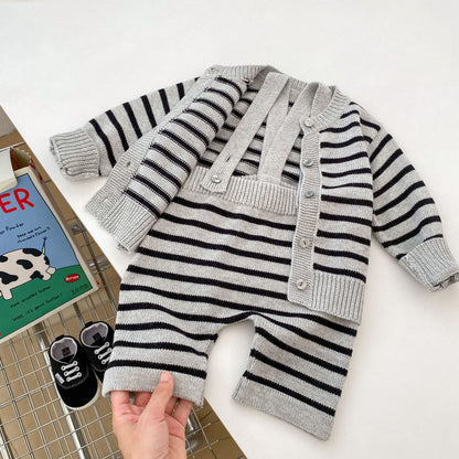 Autumn Striped Pattern Knitted Overalls Combo Cardigan Sets