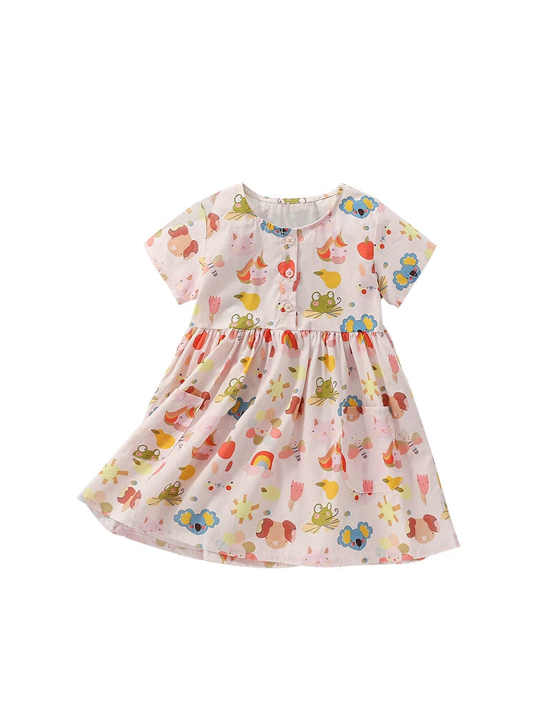 Summer Arrival Cartoon Animals and Fruits Pattern Short Sleevels Dress for Stylish Girls, MyKids-USA®, Baby & Toddler Dresses, MyKids-USA - - - - - - -