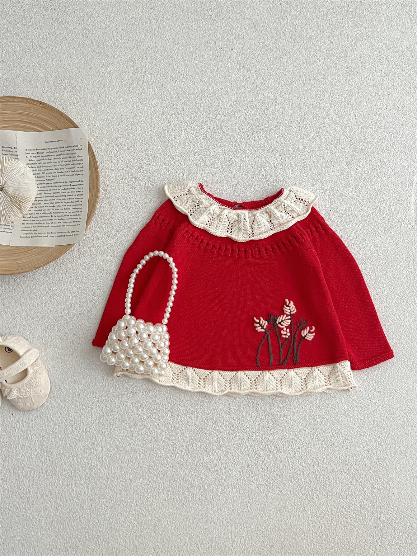 Autumn Arrival Baby Kids Girls Comfortable Hollow-out Design Knitted Long Sleeves Top with Flowers Embroidery Pattern and Collar, MyKids-USA®, Baby & Toddler Outerwear, MyKids-USA - Size/Age - 66 (3-6M) - Color - Red - - - TR2408151013-B