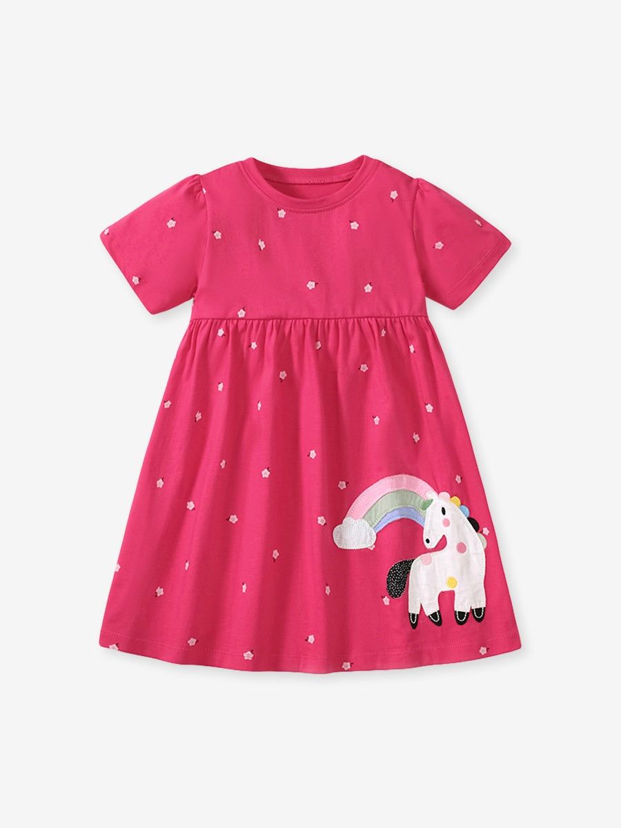 Spring And Summer Baby Girls Short Sleeves Rainbow Horse Floral Cartoon Dress, MyKids-USA®, Baby & Toddler Dresses, MyKids-USA - - - - - - -