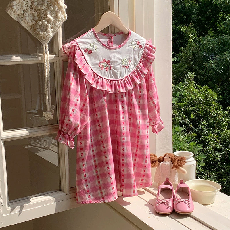 Arrival Autumn Girls Strawberry and Plaid Pattern Long Sleeves Dress   MyKids-USA