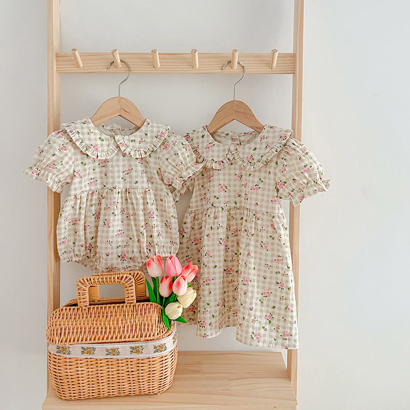 Summer Baby Kids Girls Floral Plaid Onesies And Girls’ Dress – Princess Sister Matching Set, MyKids-USA®, Baby & Toddler Outfits, MyKids-USA - - - - - - -