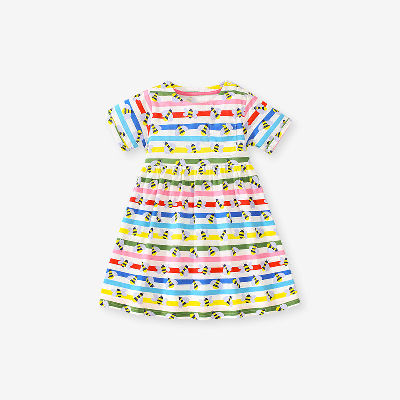 Baby Girls Rainbow Striped Short Sleeves Bees Pattern Dress, MyKids-USA®, Baby & Toddler Dresses, MyKids-USA - - - - - - -