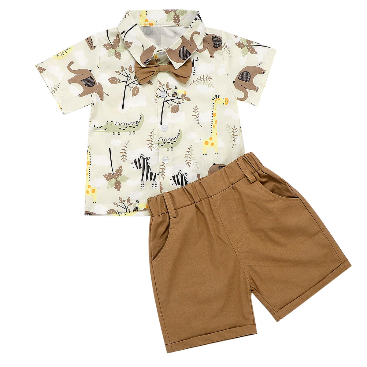 Summer Baby Kids Boys Beige Cartoon Animals Pattern Turn-Down Collar Short Sleeves Shirt And Solid Color Shorts English Clothing Set, MyKids-USA®, Baby & Toddler Outfits, MyKids-USA - - - - - - -