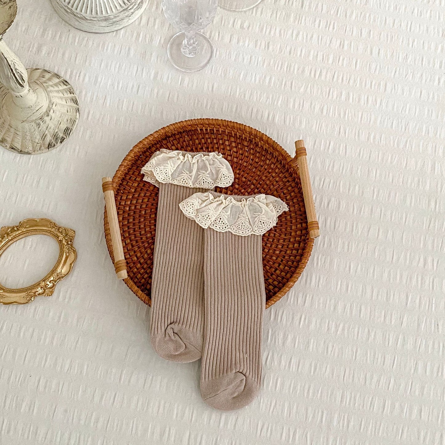 Spring Style Girls’ Versatile Solid Color Lace Trim Mid-calf Socks, MyKids-USA®, Baby & Toddler Socks & Tights, MyKids-USA - Size/Age - S (0-3Y) - Color - Khaki - - - TR2501112307-D