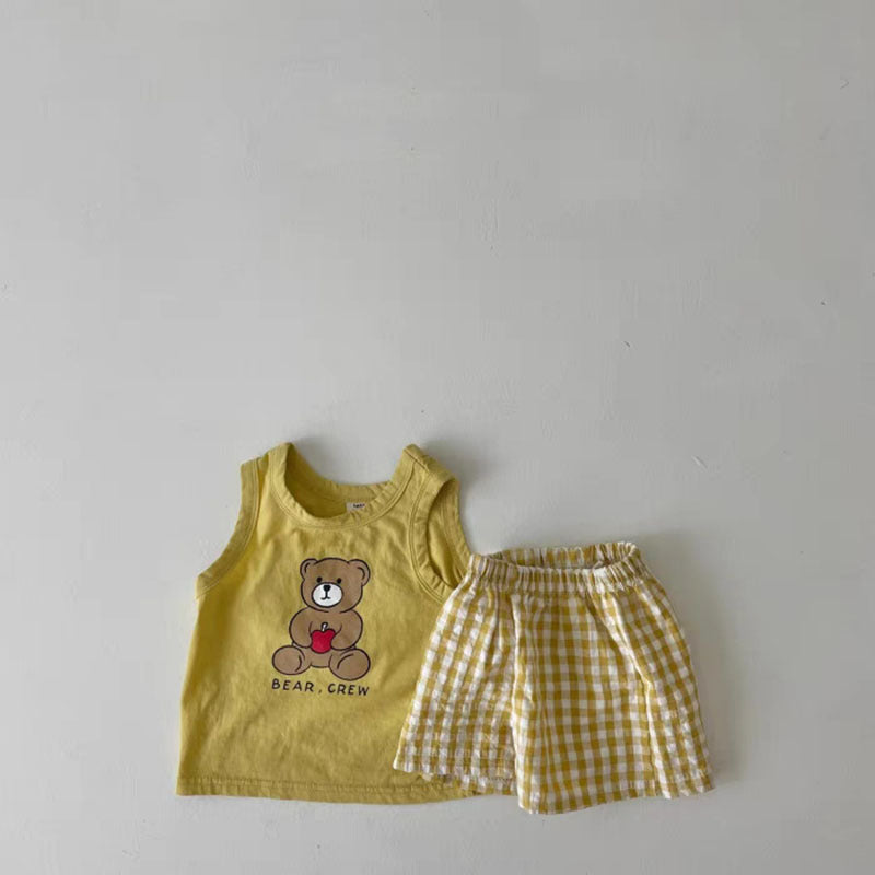 Baby Bear Print Pattern Tops With Plaid Shorts Sets, MyKids-USA®, Baby & Toddler Outfits, MyKids-USA - Size/Age - 66 (3-6M) - Color - Yellow - - - JM2306181638