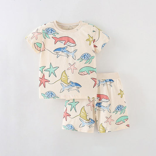 Summer Baby Kids Girls Marine Animals Cartoon Pattern Short Sleeves T-Shirt And Shorts Casual Clothing Set