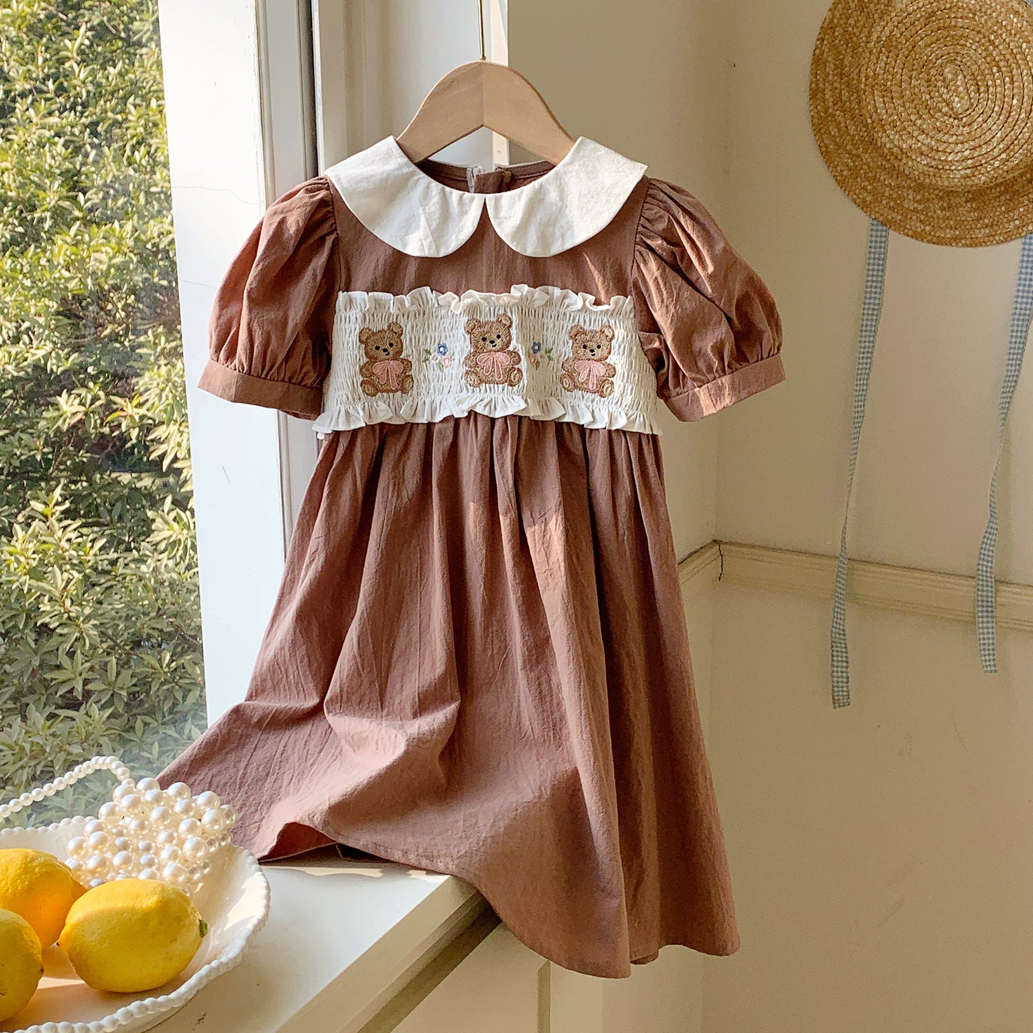Summer Hot Selling Baby Kids Girls Cute Short Sleeves Teddy Bear Embroidered Dress 140 (8-10Y) / Brown Summer Hot Selling Baby Kids Girls Cute Short Sleeves Teddy Bear Embroidered Dress 140 (8-10Y) / Brown