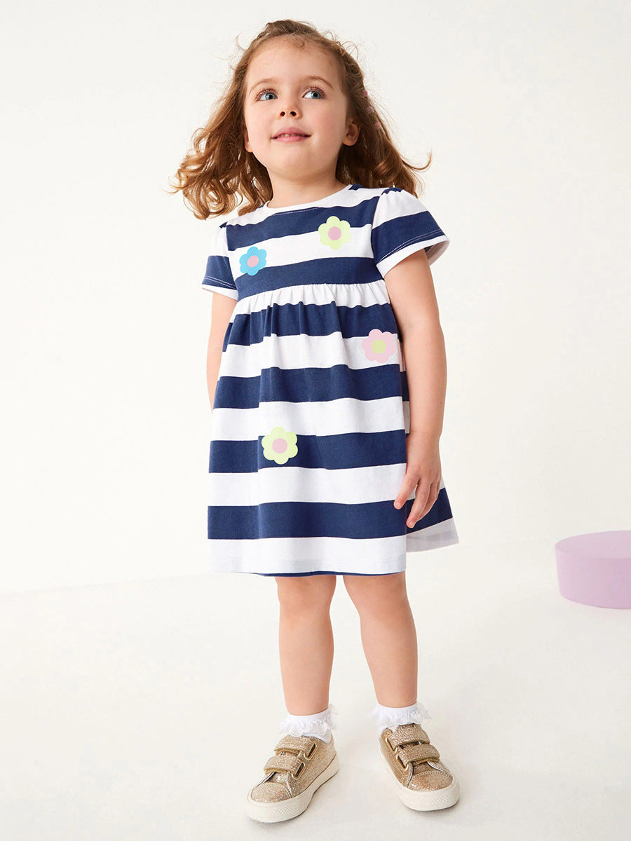 Spring And Summer Baby Girls Navy Blue Striped Floral Short Sleeves Dress, MyKids-USA®, Baby & Toddler Dresses, MyKids-USA - - - - - - -