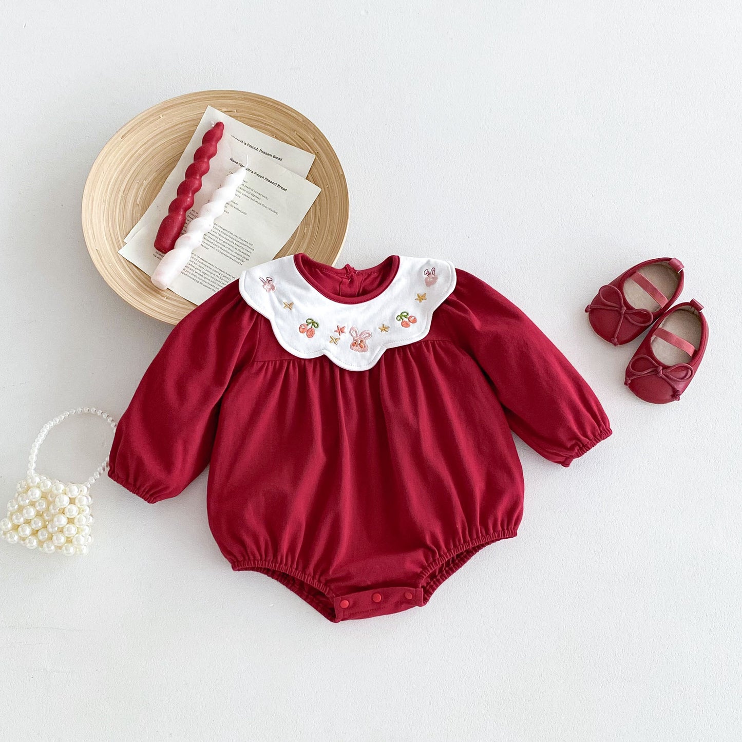 Autumn Arrival Baby Girls Long Sleeves Rabbit and Cherry Embroidery Collar Red Onesies, MyKids-USA®, Baby One-Pieces, MyKids-USA - - - - - - -