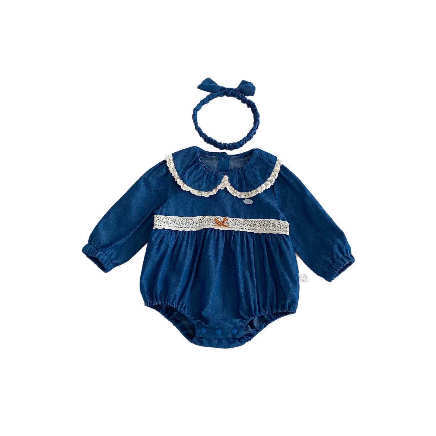 Spring Arrival Baby Girls Long Sleeves Blue Lace Trim Bodysuit