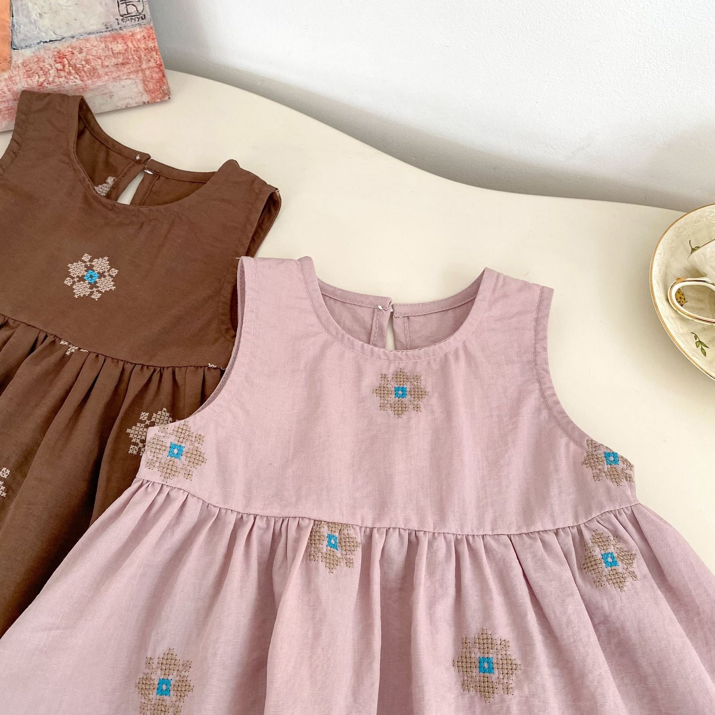 MyKids-USA® Arrival Autumn Baby Kids Girls Long Sleeves Apricot Dress and Flowers Embroidered Sleeveless Dress Clothing Set