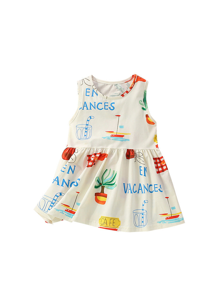 Summer Arrival Cartoon and Letters Pattern Sleeveless Dress for Stylish Girls, MyKids-USA®, Baby & Toddler Dresses, MyKids-USA - - - - - - -