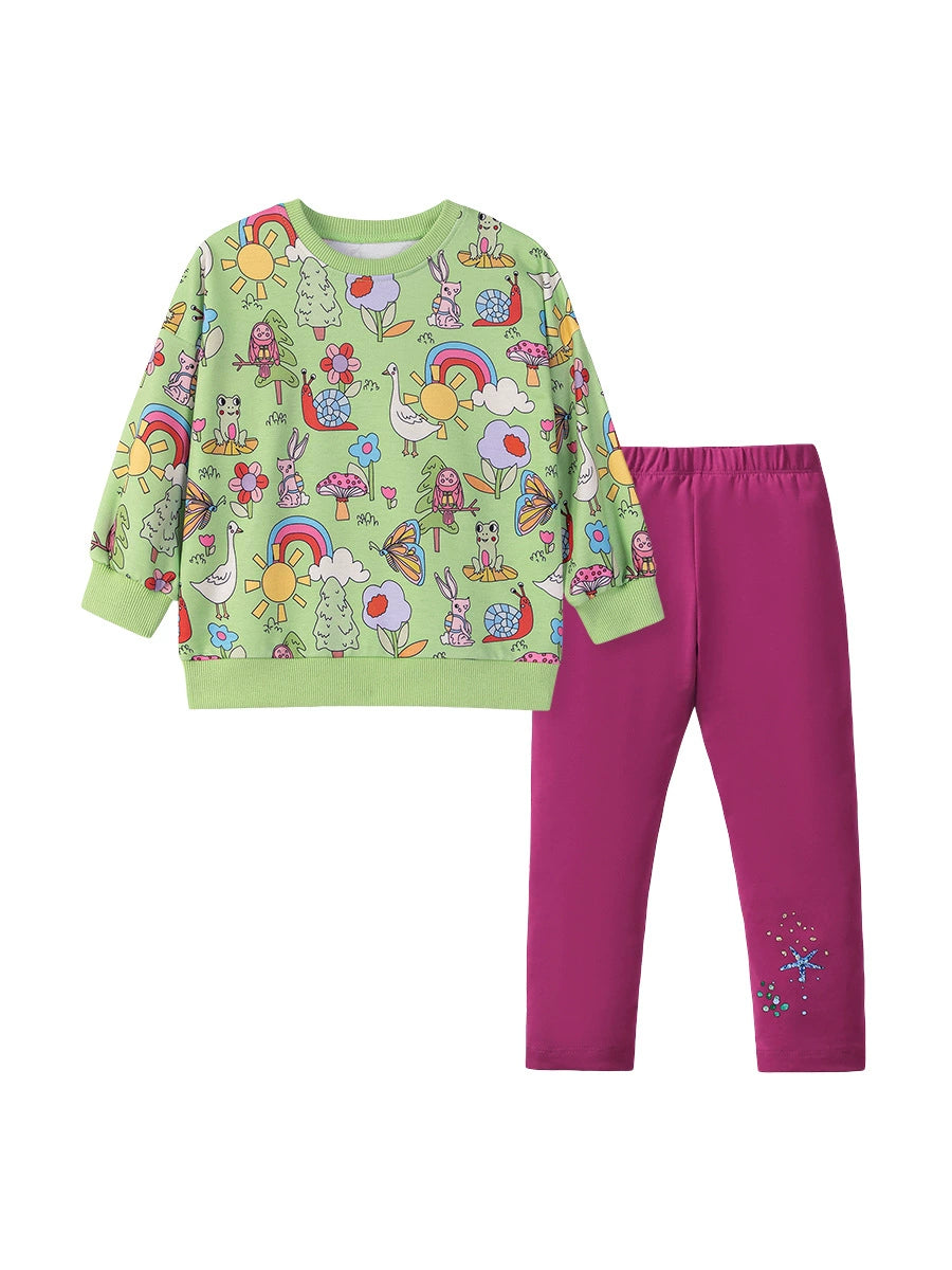 Spring and Autumn Girls Cartoon Animals and Flowers Pattern Long Sleeves Crew Neck Top Sweatshirt and Pants Clothing Set, MyKids-USA®, Baby & Toddler Outfits, MyKids-USA - - - - - - -