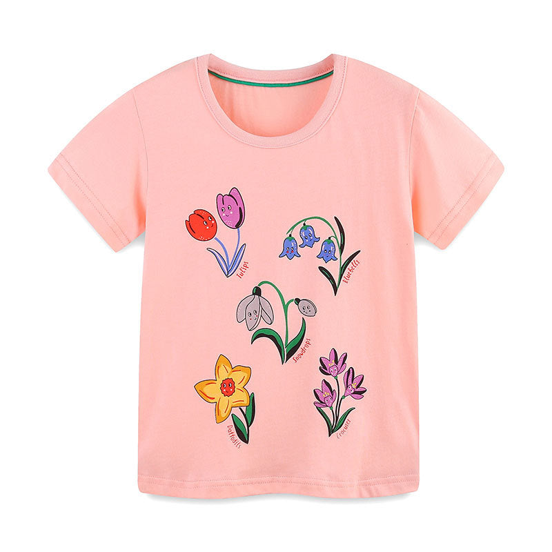 Summer Arrival Girls’ Flowers Cartoon Pattern Short Sleeves T-shirt in European and American Style, MyKids-USA®, T-Shirts, MyKids-USA - - - - - - -