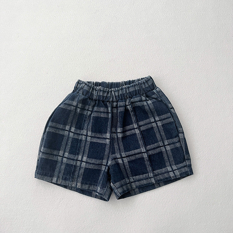 Baby Denim Blue Plaid Pattern Loose Shorts, MyKids-USA®, Baby & Toddler Bottoms, MyKids-USA - Size/Age - 80 (9-12M) - Color - Navy Blue (Dark Blue) - - - JM2305011907-B