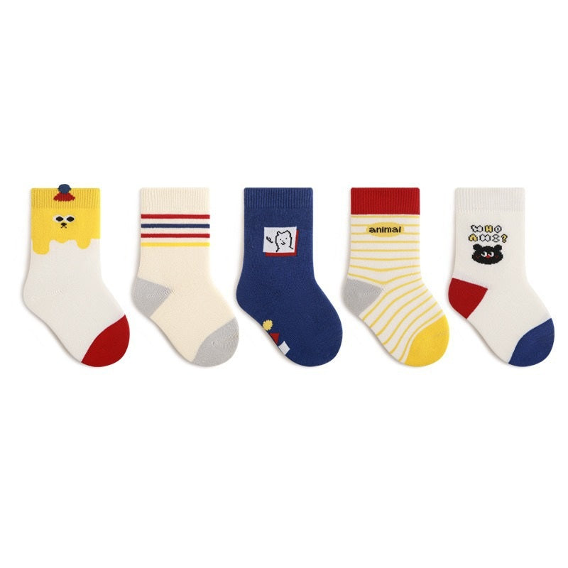 Autumn and Spring Baby Boys and Girls Cute Cartoon and Striped Pattern Socks 1 Lot=5-Pair Set, MyKids-USA®, Baby & Toddler Socks & Tights, MyKids-USA - Size/Age - S (0-1Y) - Color - Yellow - - - TR2601311047-L.
