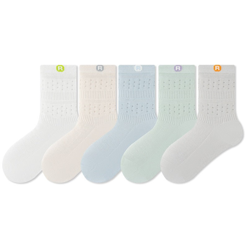 Summer and Spring Kids Breathable Cute Cartoon and Letters Pattern Socks 5-Pair Set, MyKids-USA®, Baby & Toddler Socks & Tights, MyKids-USA - Size/Age - M (3-5Y) - Color - White - - - TR2604242125-G.