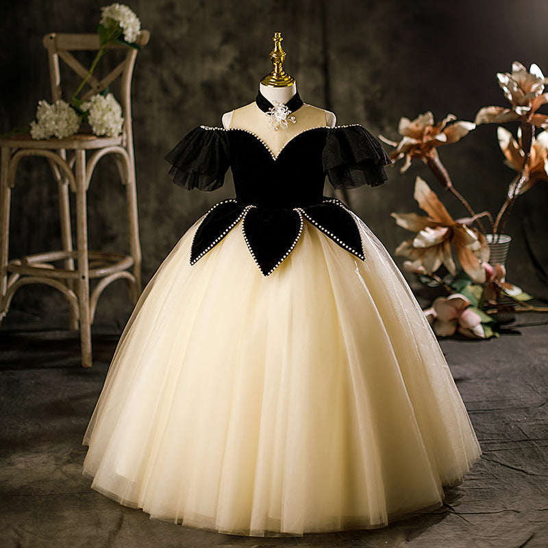 Princess Black Hostess Dress for Girls: Luxurious One-Shoulder Piano Performance Attire 150 (10-12Y) / Black Princess Black Hostess Dress for Girls: Luxurious One-Shoulder Piano Performance Attire 150 (10-12Y) / Black