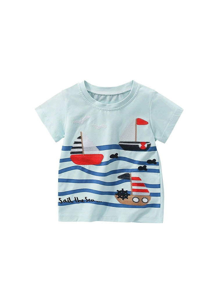 Summer Boys’ English Boats Sail the Sea Cartoon Pattern T-shirt in European and American Style, MyKids-USA®, T-Shirts, MyKids-USA - - - - - - -