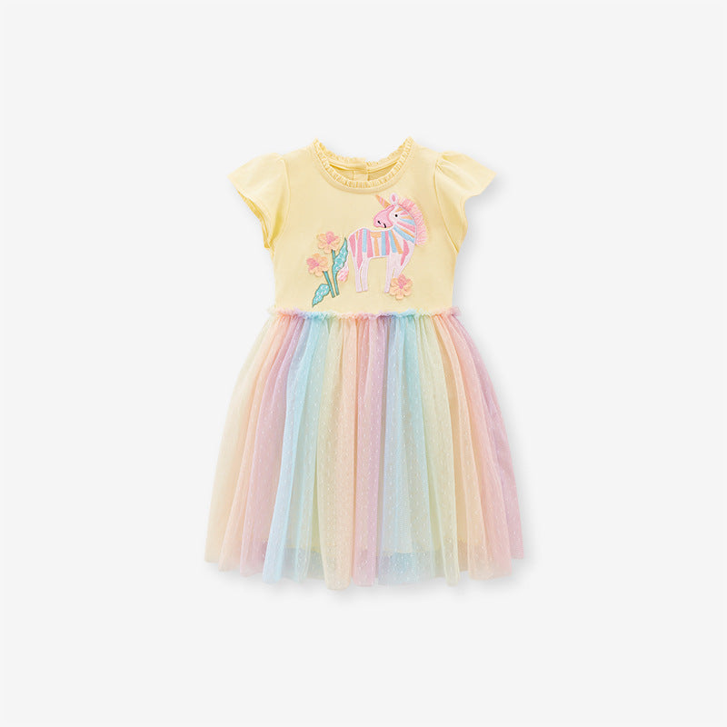 Spring And Summer Baby Girls Short Sleeves Floral Unicorn Cartoon Chiffon Dress, MyKids-USA®, Baby & Toddler Dresses, MyKids-USA - - - - - - -