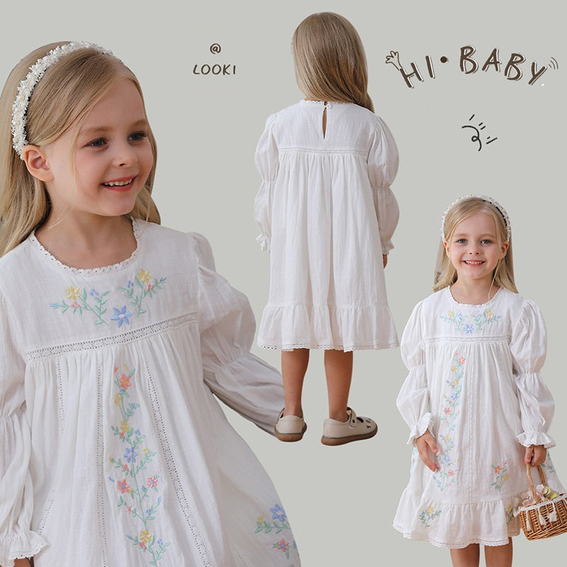 Spring and Autumn Vintage Flowers Embroidered Long-sleeved Dress for Stylish Girls, MyKids-USA®, Baby & Toddler Dresses, MyKids-USA - - - - - - -