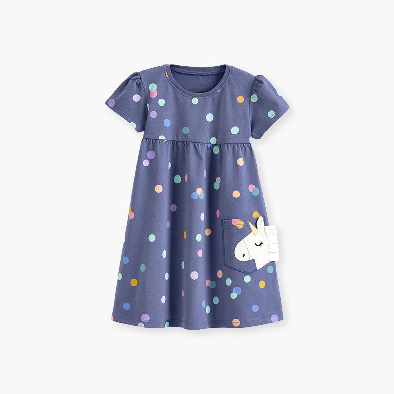 Spring And Summer Baby Girls Short Sleeves Polka Dots Dress With Unicorn Pocket, MyKids-USA®, Baby & Toddler Dresses, MyKids-USA - - - - - - -
