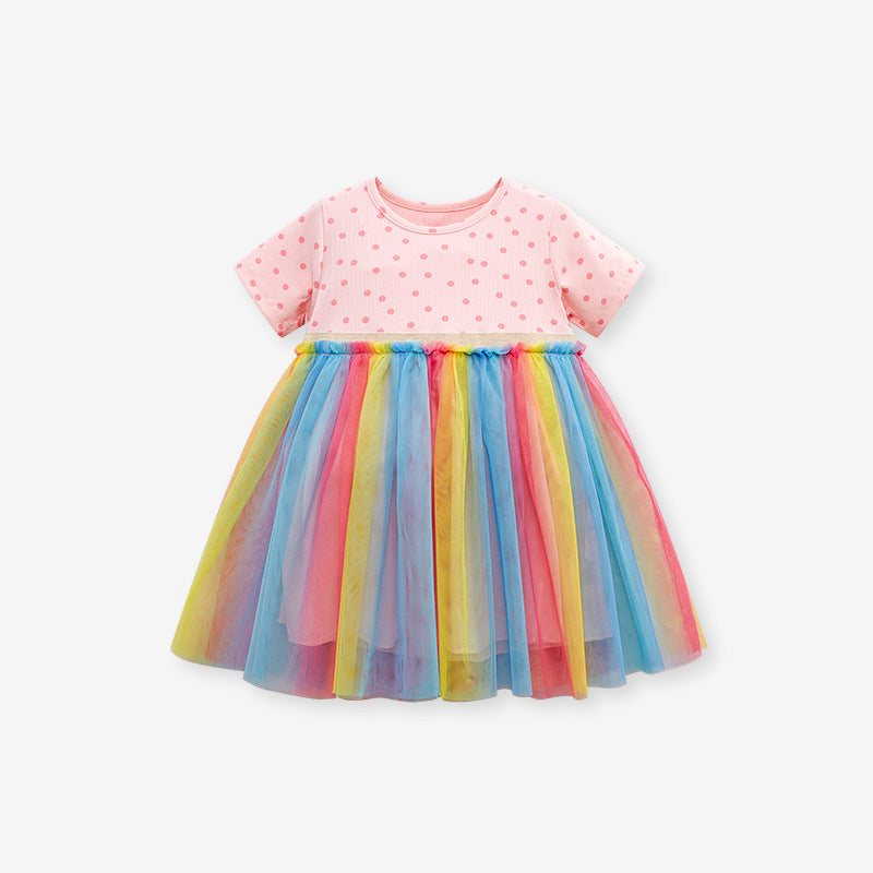 Spring And Summer Baby Girls Short Sleeves Polka Dots Rainbow Chiffon Dress, MyKids-USA®, Baby & Toddler Dresses, MyKids-USA - - - - - - -