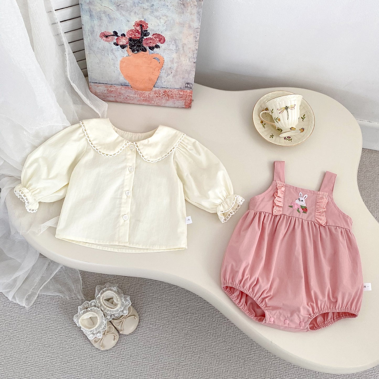 Arrival Spring Girls Long Sleeves Lace-trim Turn-down Collar Top Shirt and Sleeveless Onesies Clothing Set, MyKids-USA®, Baby One-Pieces, MyKids-USA - - - - - - -