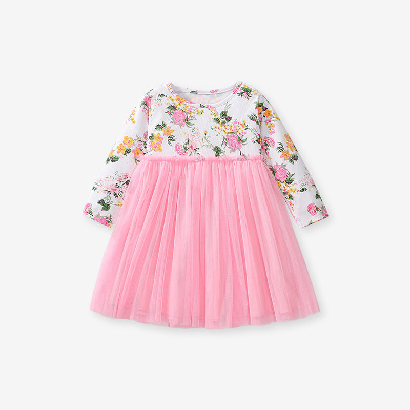 Design Autumn Girls Flowers Pattern Crew Neck Long Sleeves Pink Tulle Patchwork Princess Dress, MyKids-USA®, Baby & Toddler Dresses, MyKids-USA - - - - - - - .