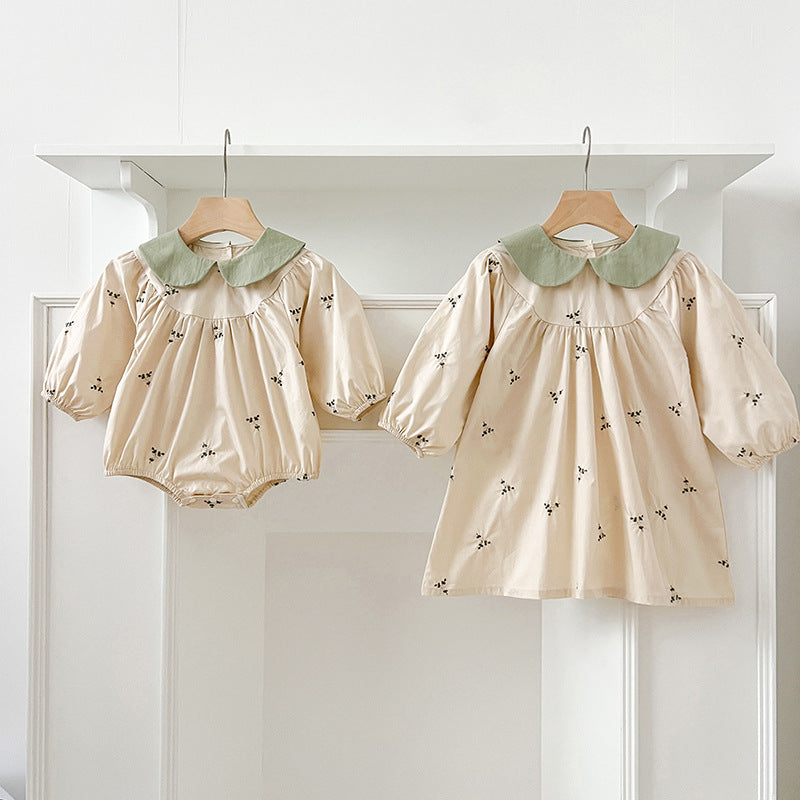 Arrival Autumn Baby Kids Girls Long Sleeves Floral Embroidery Pattern Peter Pan Collar Onesies and Dress – Princess Sister Matching Set, MyKids-USA®, Baby & Toddler Outfits, MyKids-USA - - - - - - -