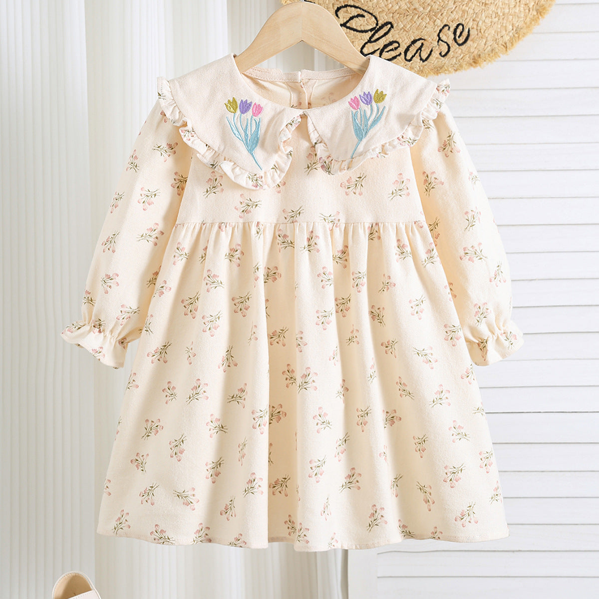 Autumn Arrival Baby Kids Girls Floral Pattern Long Sleeves Dress with Embroidered Collar, MyKids-USA®, Baby & Toddler Dresses, MyKids-USA - - - - - - -