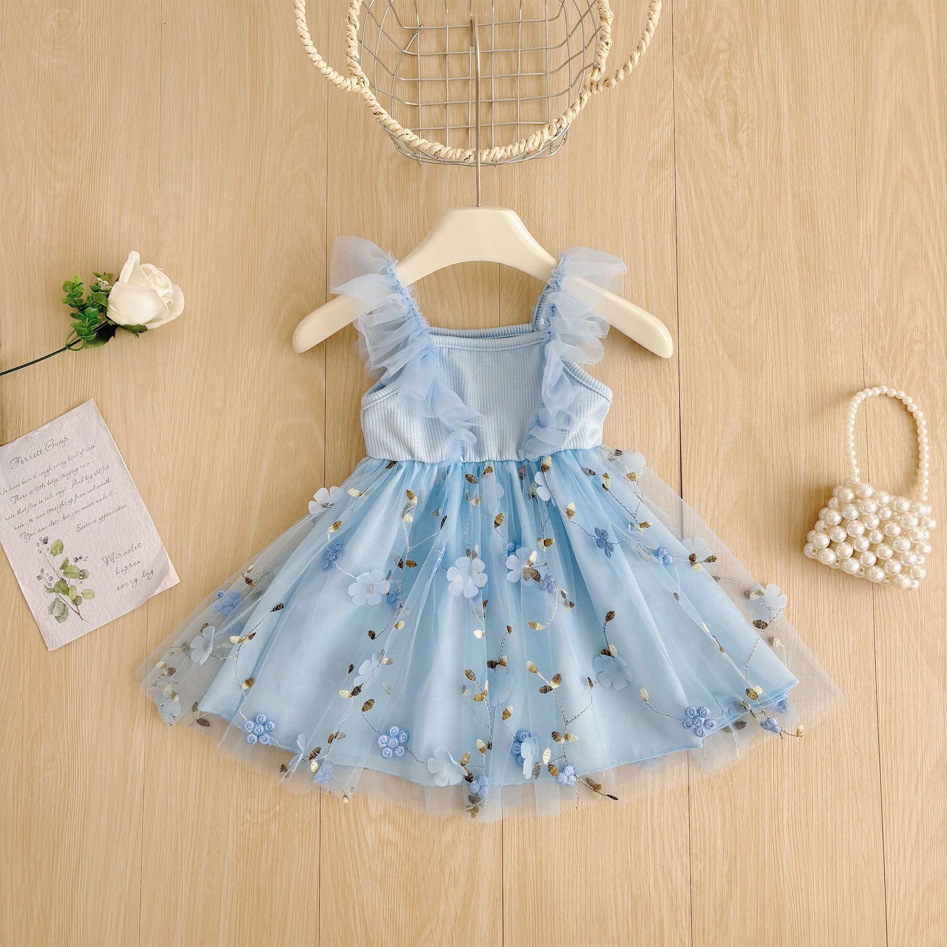 Summer Hot Selling Kids Girls Cute Blue Sleeveless Floral Tulle Dress 100 (2-3Y) / Blue Summer Hot Selling Kids Girls Cute Blue Sleeveless Floral Tulle Dress 100 (2-3Y) / Blue