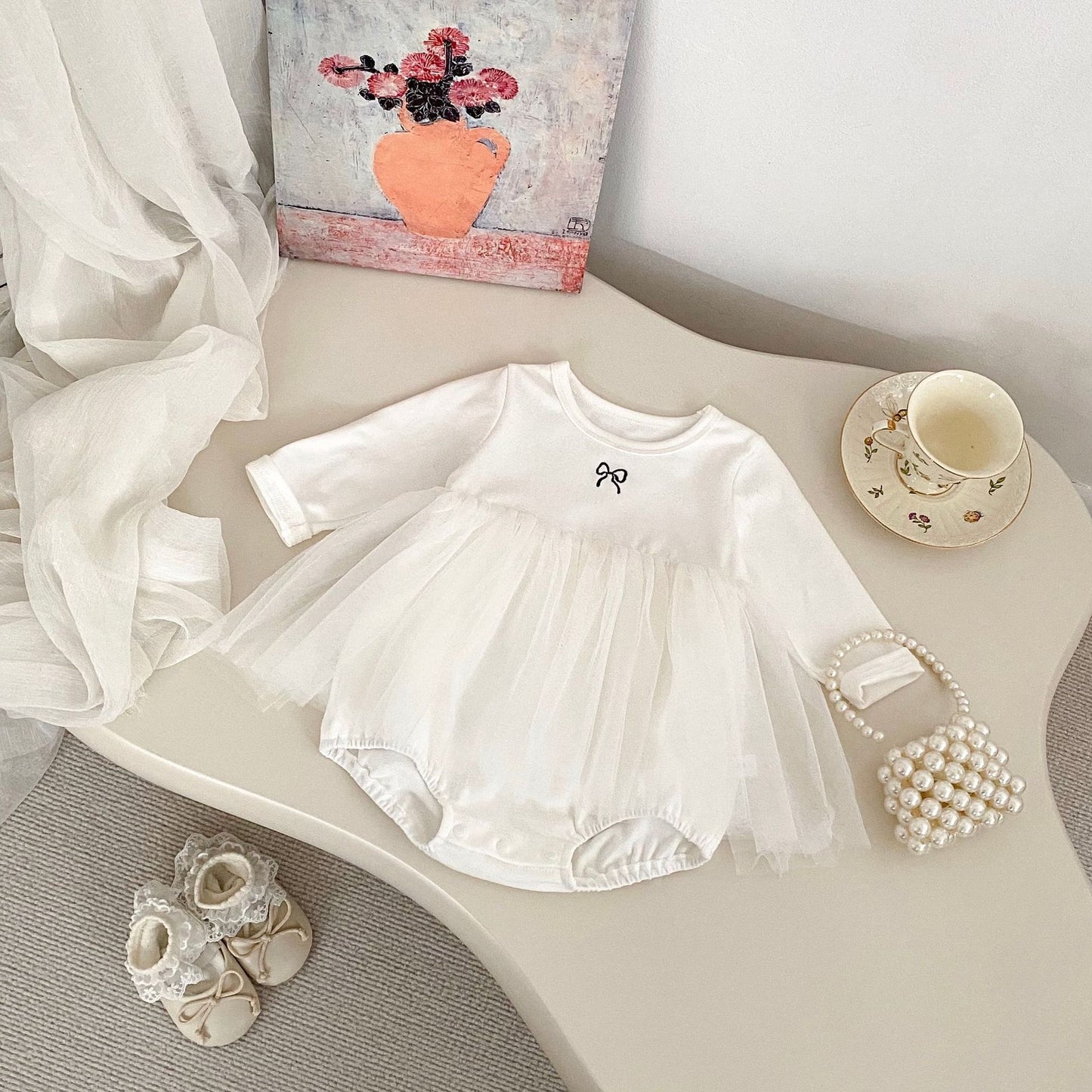 Spring Arrival Baby Girls Long Sleeves Crew Neck Onesies Bodysuits Tulle Patchwork Dress, MyKids-USA®, Baby One-Pieces, MyKids-USA - - - - - - -