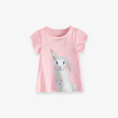 Crew Neck Rabbit Cartoon Pattern Girls’ T-Shirt In European And American Style For Summer
