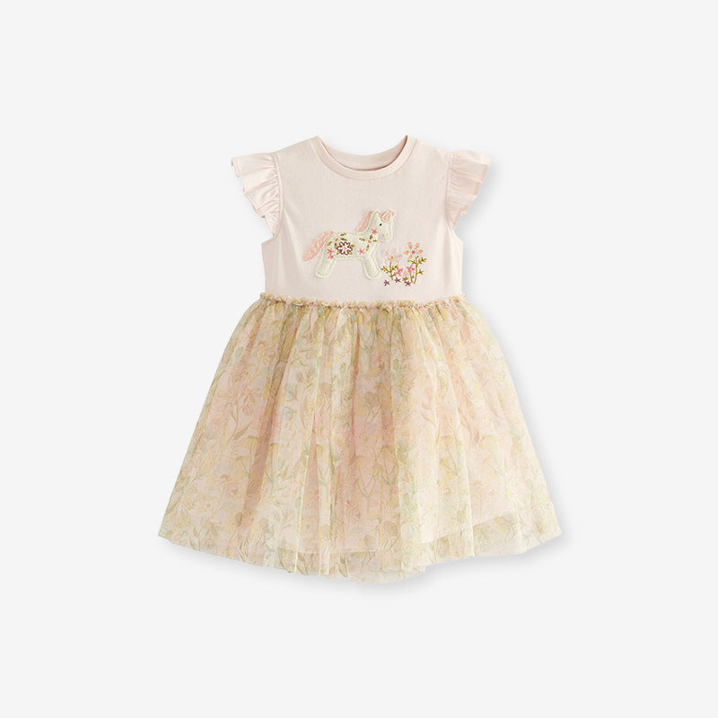 Spring And Summer Baby Girls Short Sleeves Unicorn Cartoon Floral Chiffon Dress, MyKids-USA®, Baby & Toddler Dresses, MyKids-USA - - - - - - -