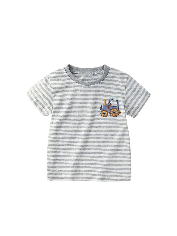 Summer Arrival Boys’ Tractor Cartoon Pattern Striped T-shirt in European and American Style, MyKids-USA®, Baby & Toddler Tops, MyKids-USA - - - - - - -