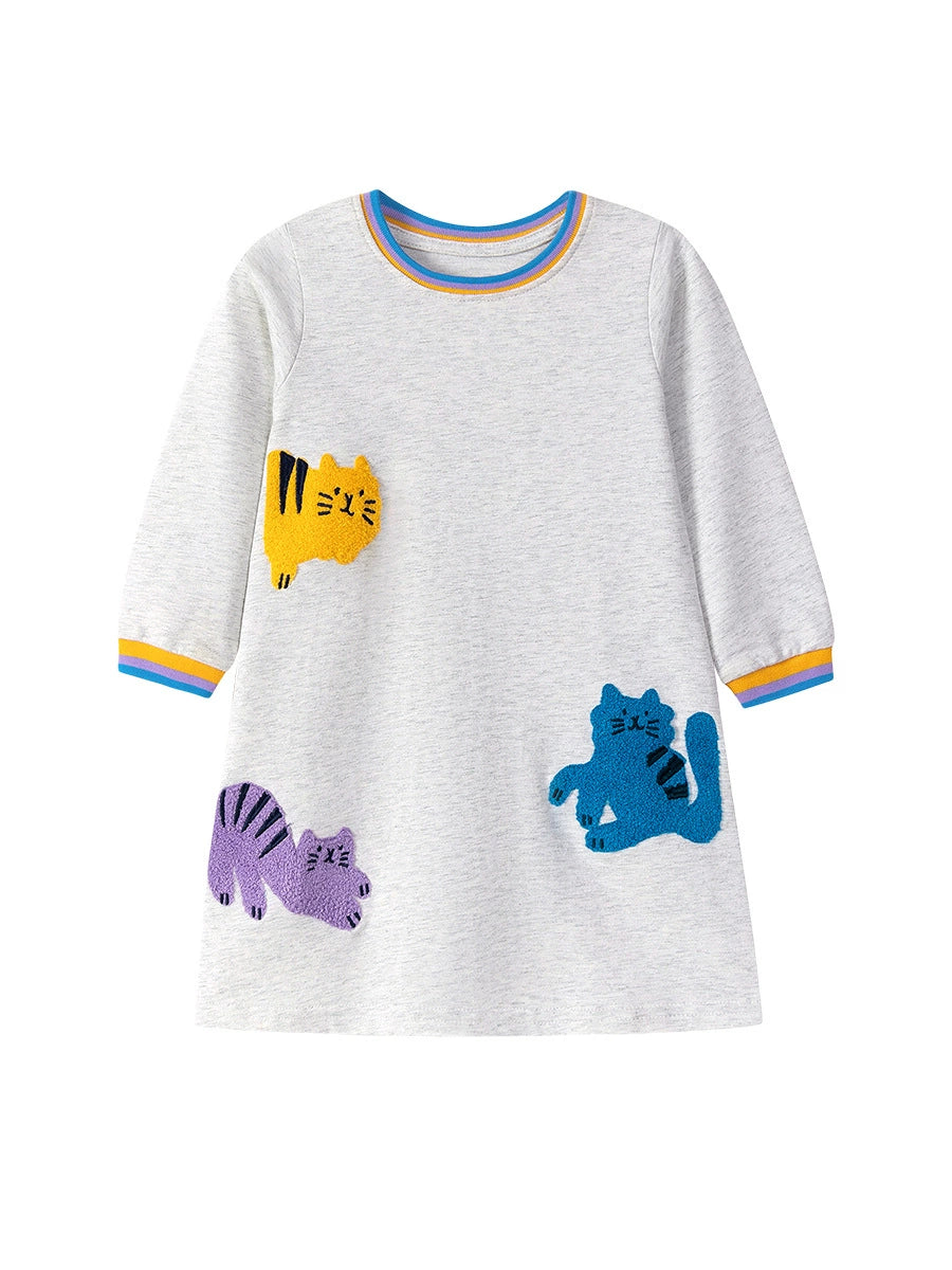 Autumn Arrival Cartoon Cats Pattern Long Sleeves Striped Crew Neck Dress for Stylish Girls, MyKids-USA®, Baby & Toddler Dresses, MyKids-USA - - - - - - -