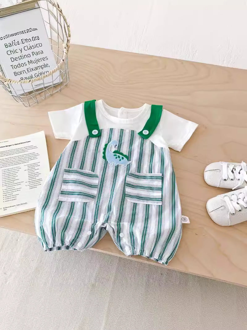 Design Summer Baby Unisex Green Striped Sleeveless Overalls Onesies And Short Sleeves T-Shirt Clothing Set, MyKids-USA®, Baby One-Pieces, MyKids-USA - - - - - - -