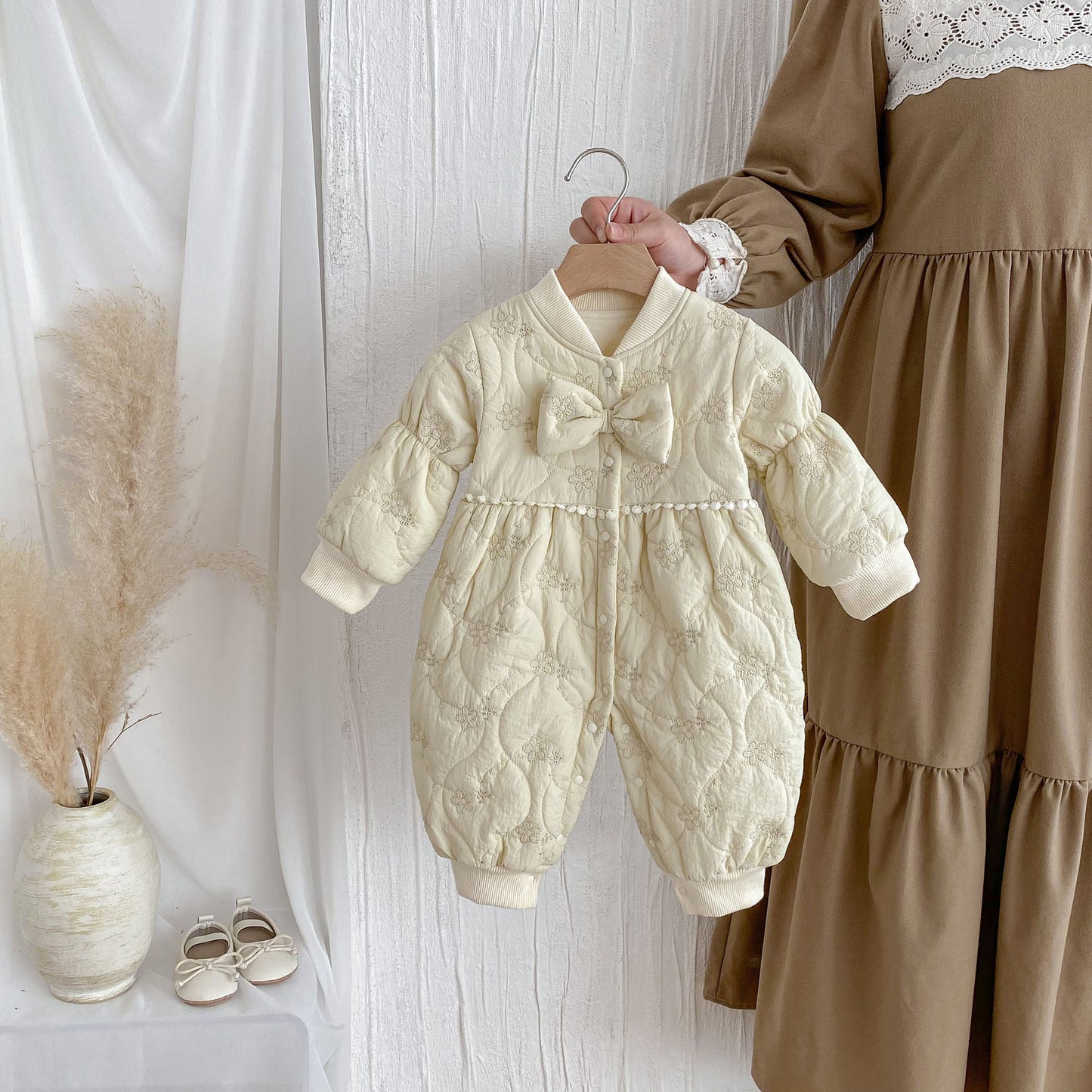 Winter Arrival Baby Girls Simple Solid Color Floral Embroidered Pattern Warm Padded Thick Romper, MyKids-USA®, Baby One-Pieces, MyKids-USA - - - - - - -