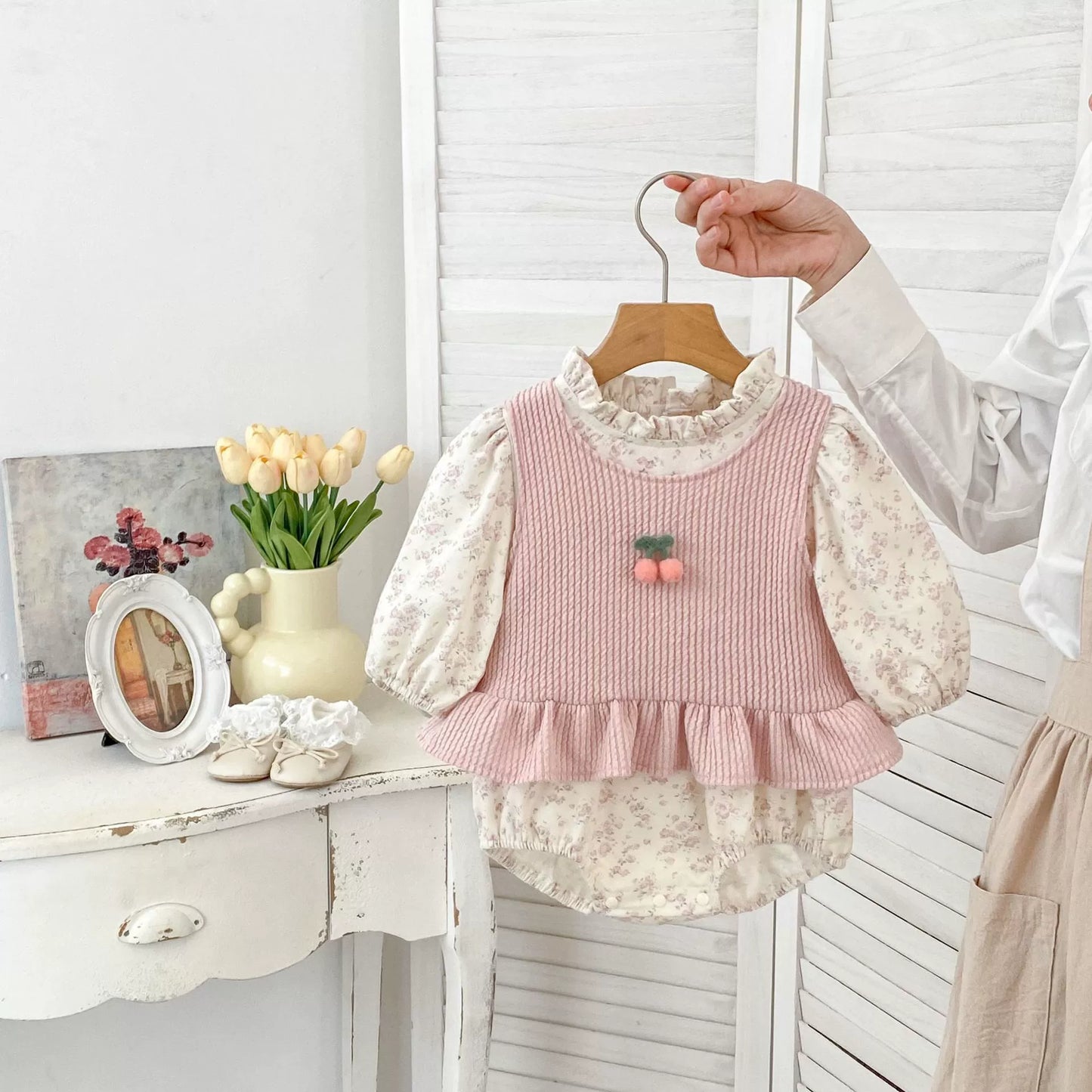 Spring and Autumn Baby Kids Girls Cherry Decorated Sleeveless Vest and Floral Long Sleeves Onesies Clothing Set, MyKids-USA®, Baby & Toddler Outfits, MyKids-USA - - - - - - -