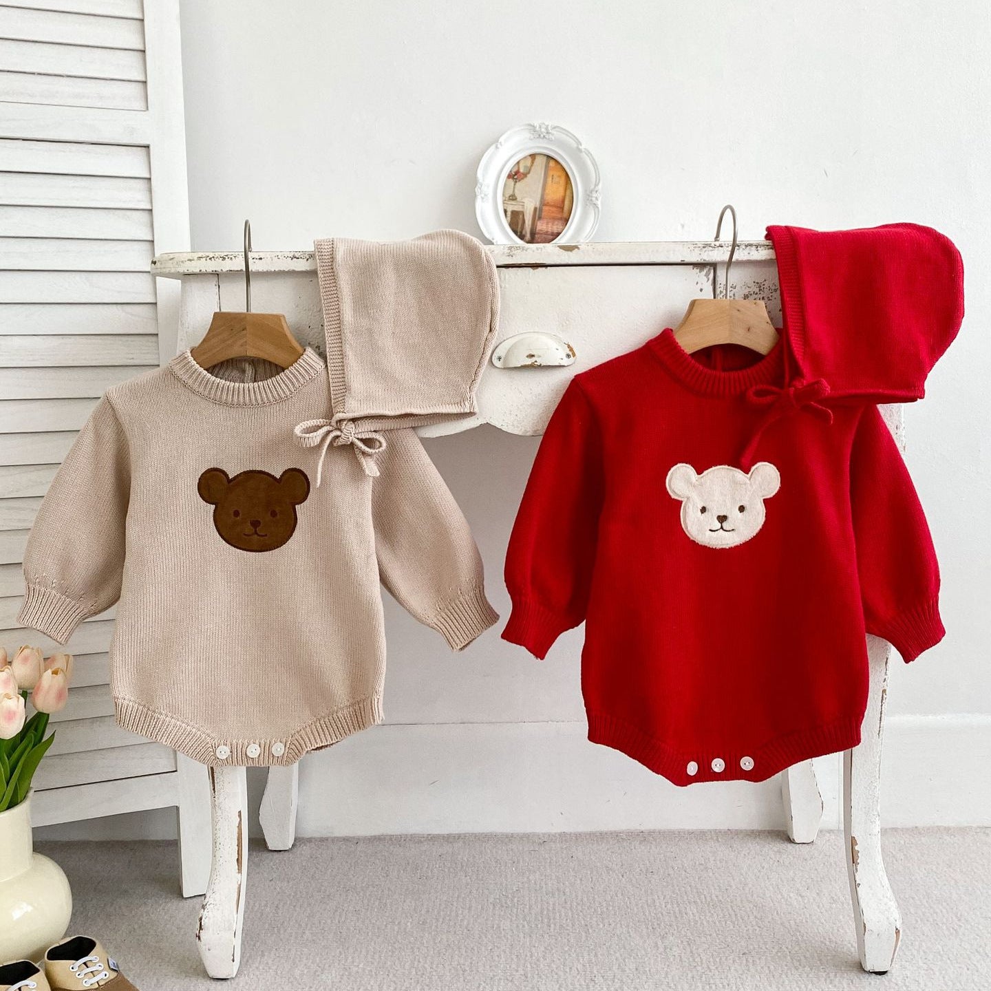 Autumn Design Baby Unisex Teddy Bear Pattern Long Sleeves Crew Neck Knitted Onesies with Hat, MyKids-USA®, Baby One-Pieces, MyKids-USA - - - - - - -