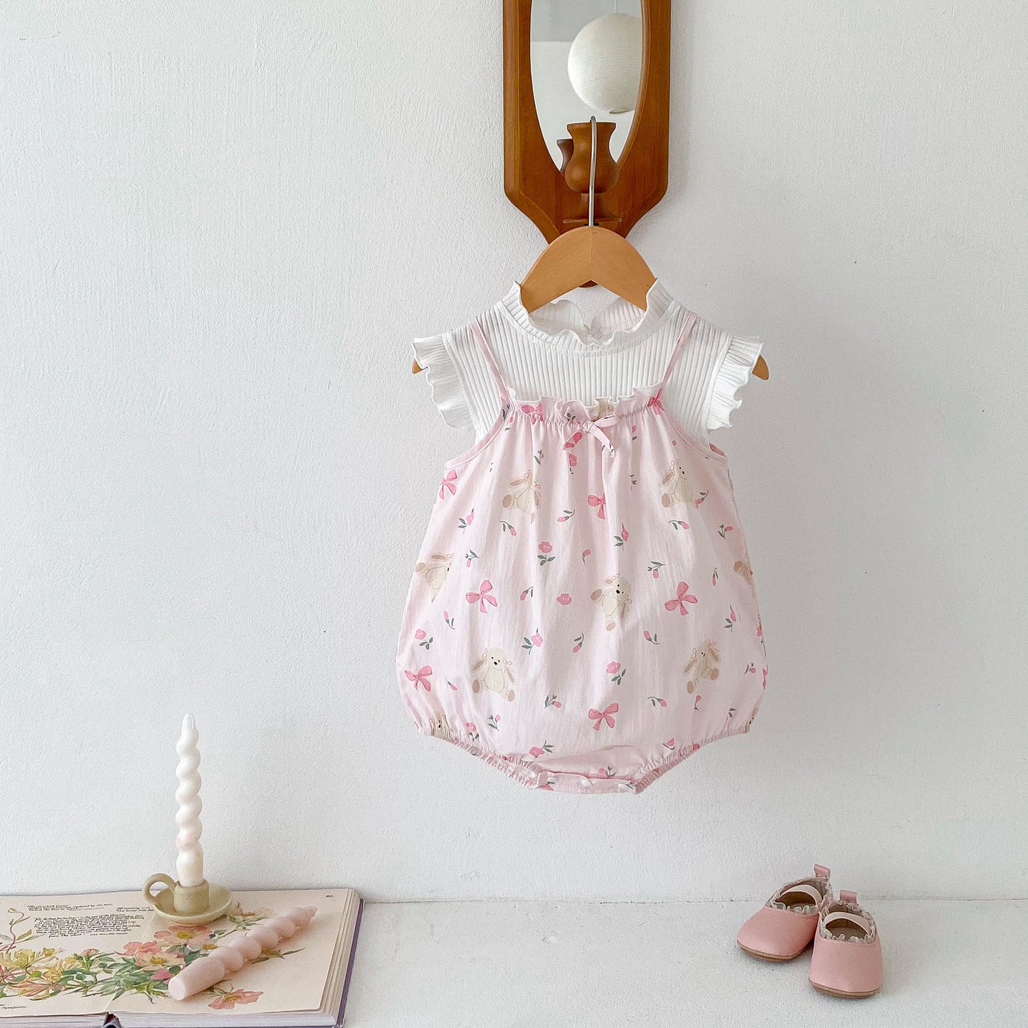 Arrival Summer Baby Kids Girls Flowers Pattern Sleeveless Strap Onesies And White Fly Sleeves Elastic T-Shirt Set, MyKids-USA®, Baby One-Pieces, MyKids-USA - - - - - - -