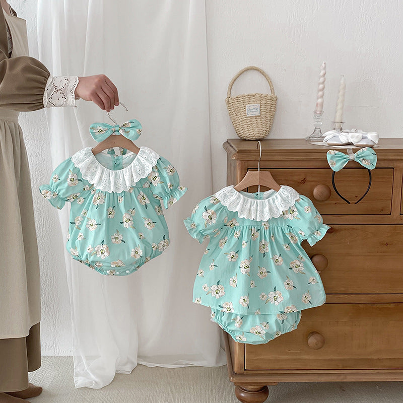 Summer Girls Flowers Pattern Short Sleeves Hollow Out Collar Onesies And Clothing Set – Sister Matching Clothing Set, MyKids-USA®, Baby & Toddler Outfits, MyKids-USA - - - - - - -