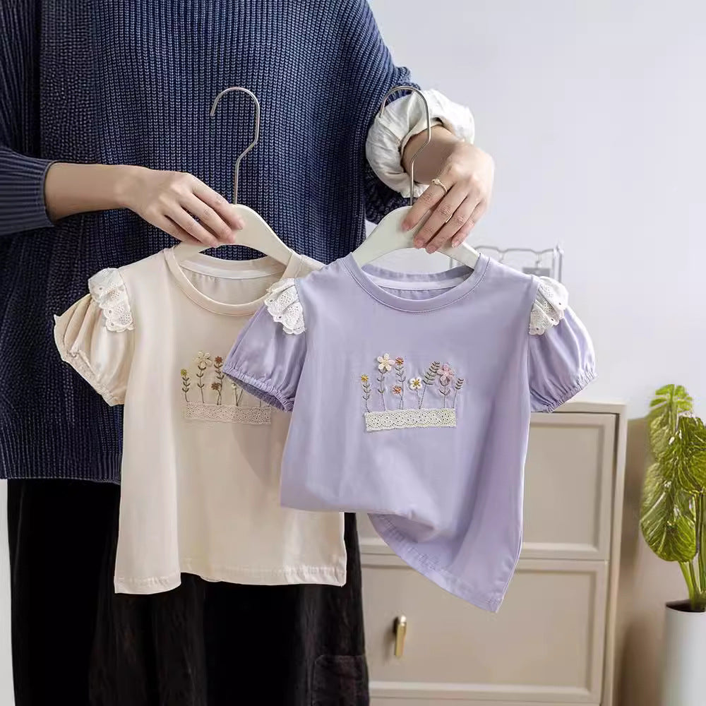 Summer Arrival Baby Kids Girls Crew Neck Short Sleeves Floral Embroidery Top T-Shirt, MyKids-USA®, Baby & Toddler Tops, MyKids-USA - - - - - - -