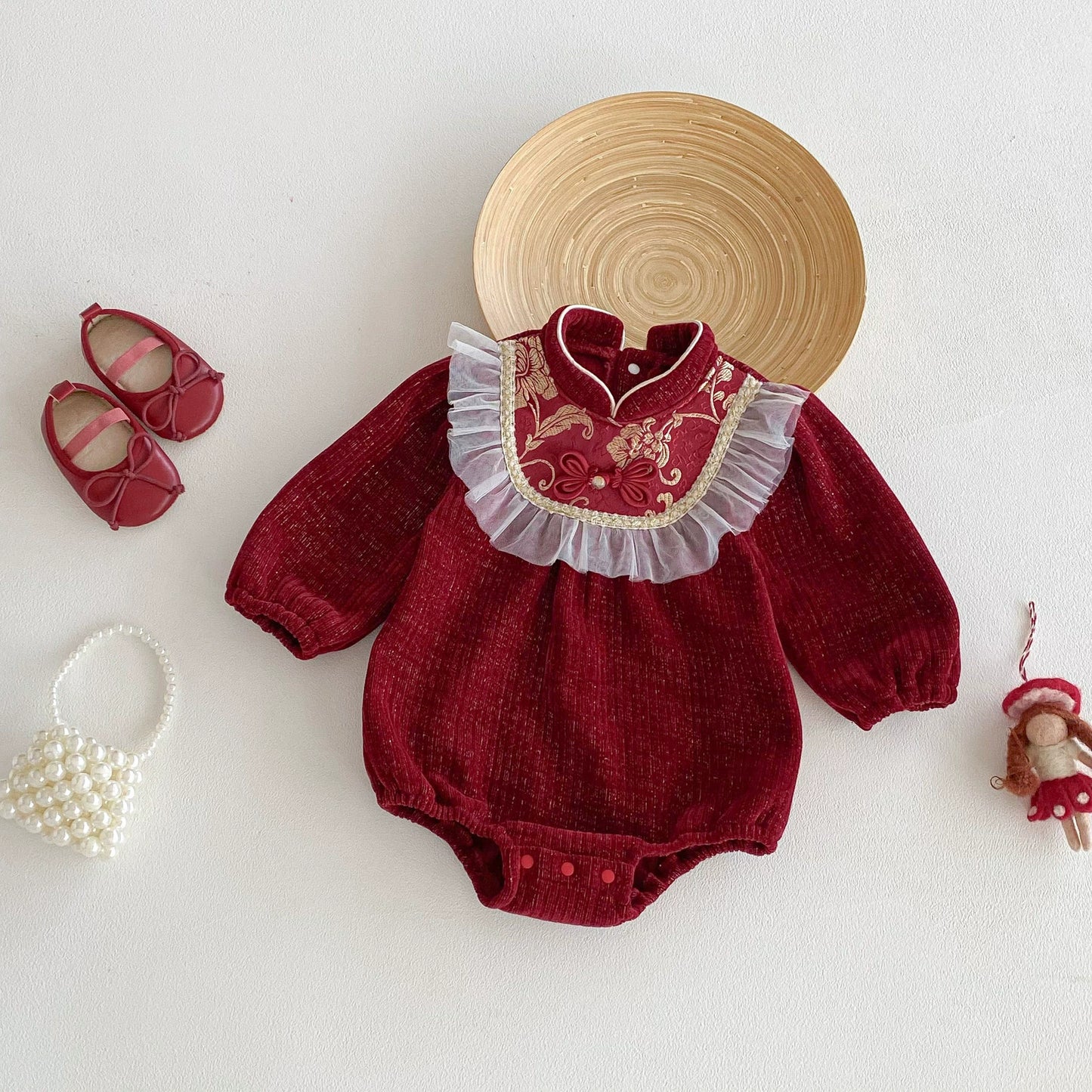 Autumn Arrival Baby Girls Long Sleeves Vintage Flowers Pattern Red Onesies, MyKids-USA®, Baby One-Pieces, MyKids-USA - - - - - - -