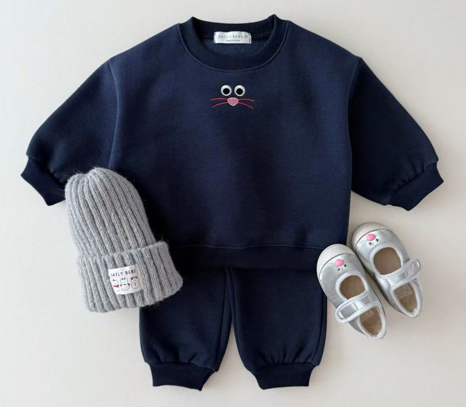 Autumn Baby Kids Unisex Casual Cartoon Face Embroidered Pattern Long Sleeves Top Pullover and Pants Clothing Set, MyKids-USA®, Baby & Toddler Outfits, MyKids-USA - - - - - - -