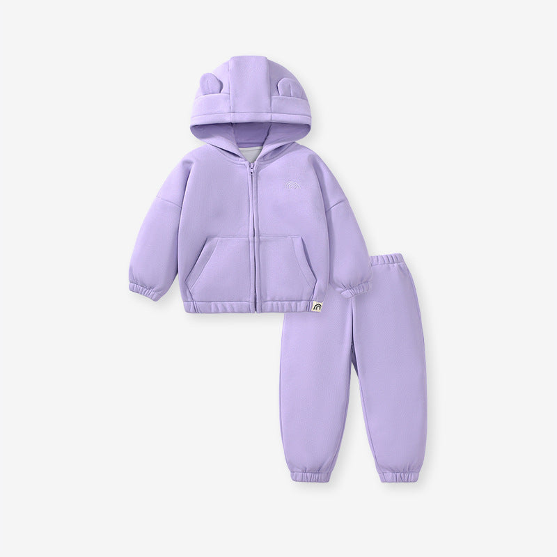 Girls Cozy Solid Color Rabbit Design Zip-Up Hoodie And Pants Set, MyKids-USA®, Baby & Toddler Outfits, MyKids-USA - - - - - - -